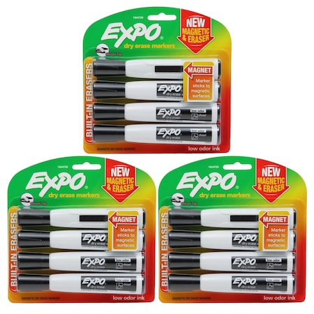 Expo Magnetic Dry Erase Markers with Eraser, Chisel Tip, Black, 12PK 1944729